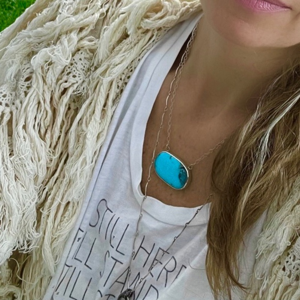 Large natural Kingman Turquoise pendant stone necklace in sterling silver wchain